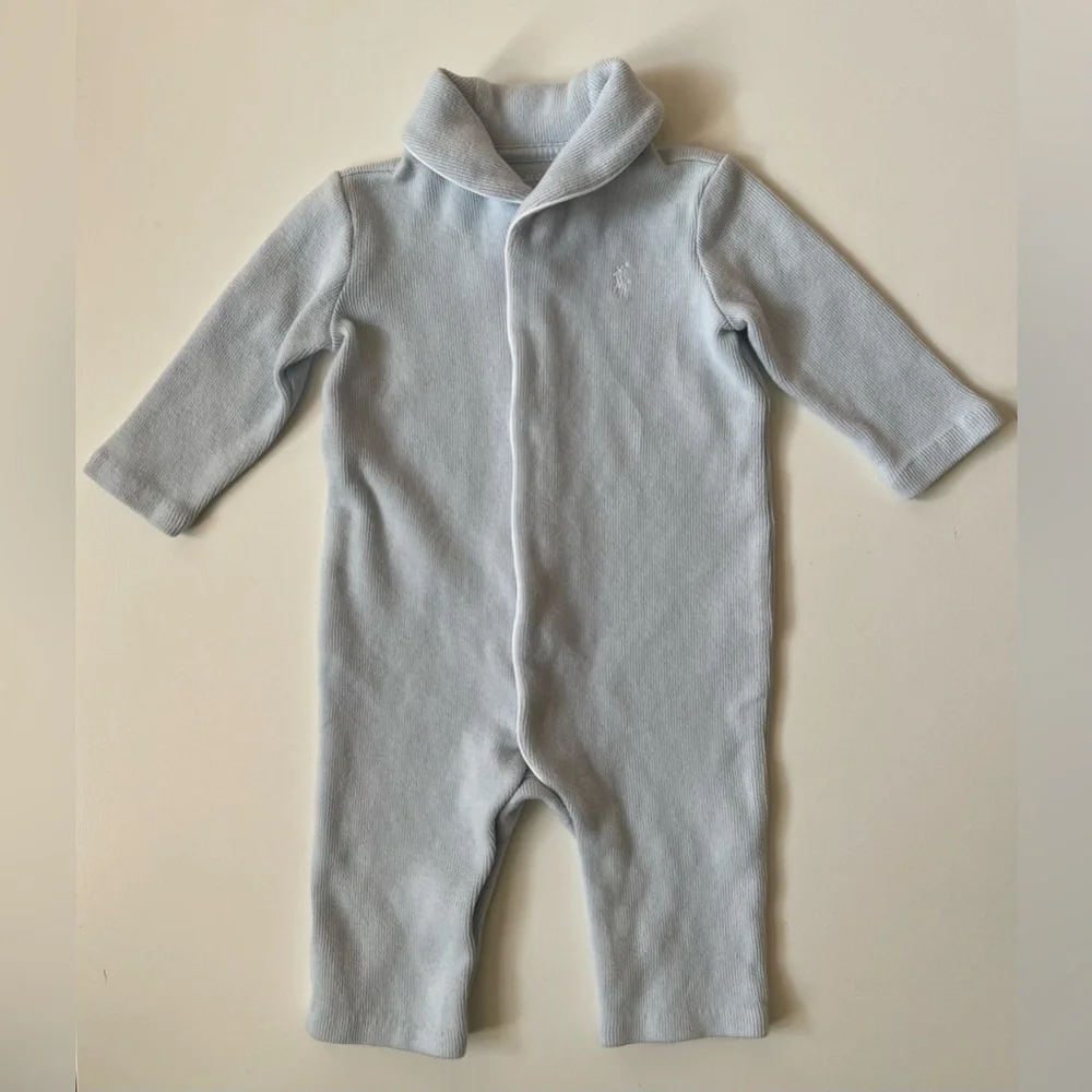 Ralph Lauren Childrenswear Unisex French Rib Shawl Light Blue Coverall - 6M